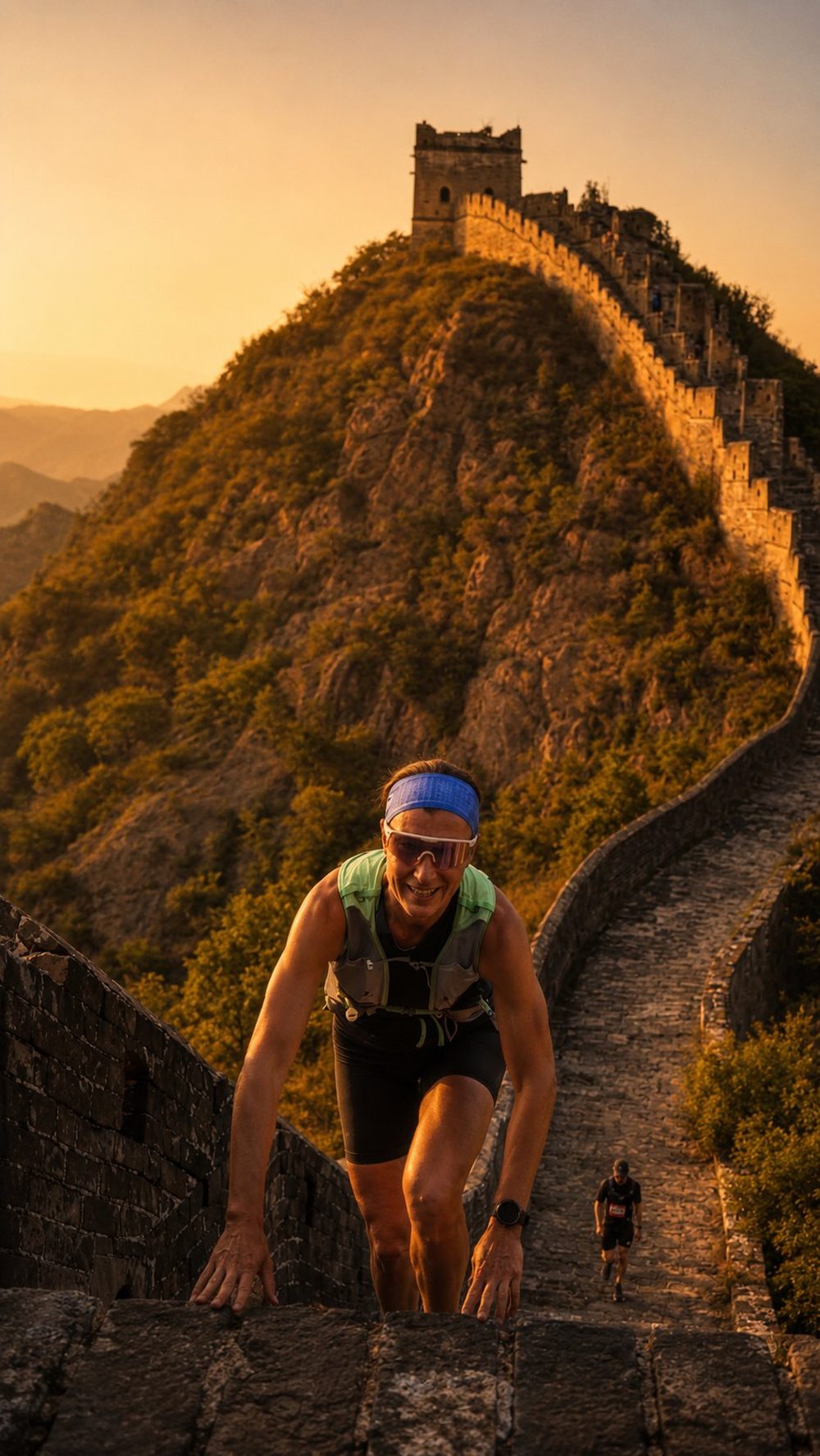 Runner climbing at sunset